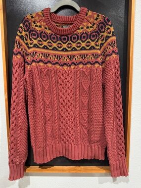 L.L. Bean signature Rust Cable-Knit Fair Isle Crew Sweater NWT
